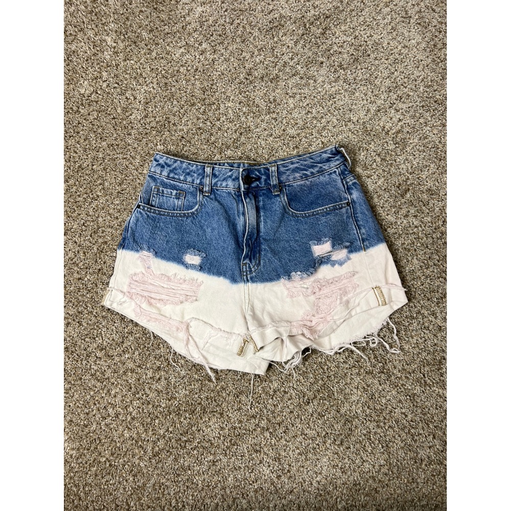 PacSun Mom Shorts Size 27 Two Tone Blue White Distressed High Waisted Denim